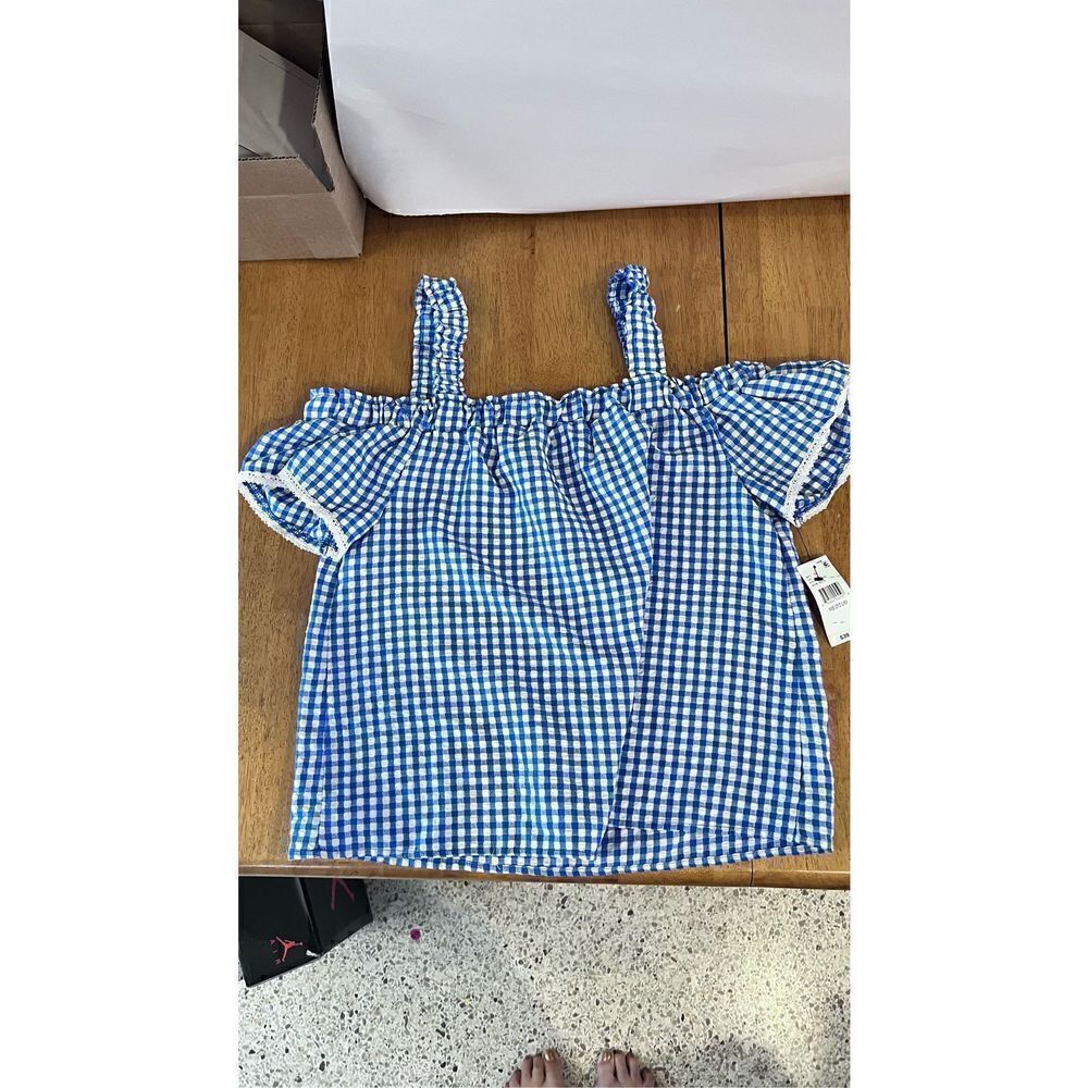 BCX BLUE CHECKED COLD SHOULDER SEERSUCKER TOP WOMENS SIZE M NEW